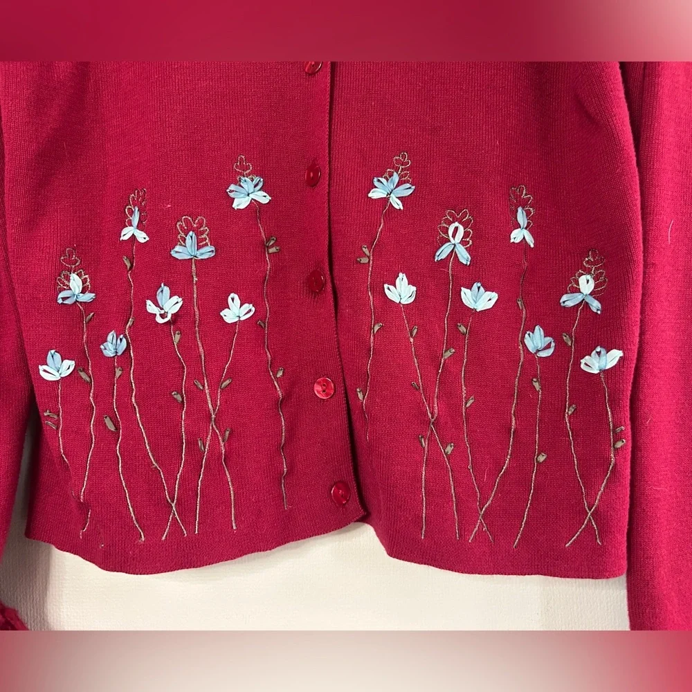Y2K TELLURIDE 90s Fringe Trim 3D Floral Cardigan Sweater Whimsigoth Boho Size L
